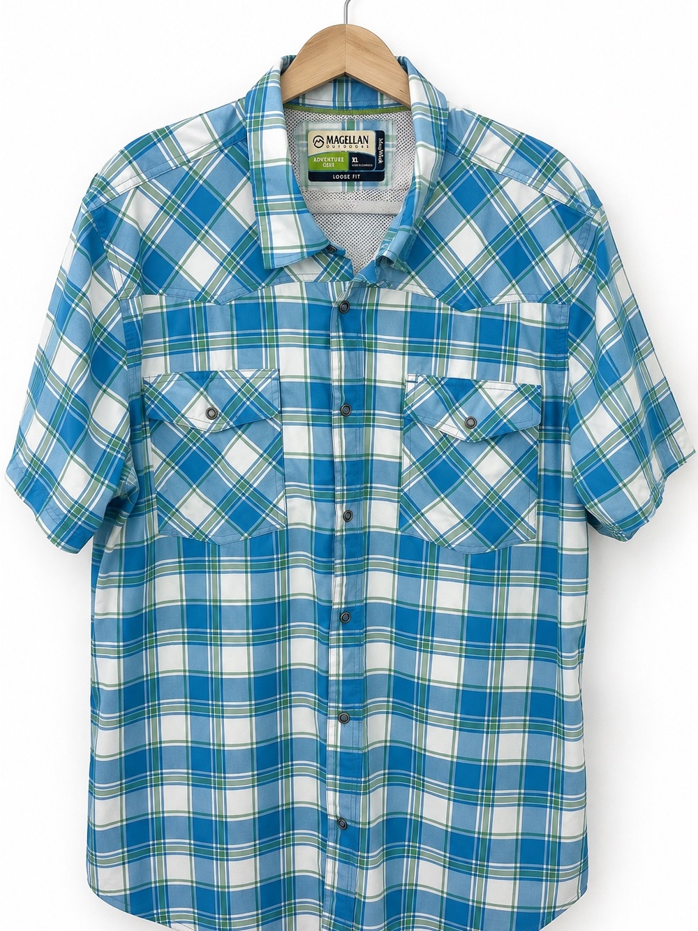 Magellan Outdoors Blue Plaid Short-Sleeve Snap-Up Shirt